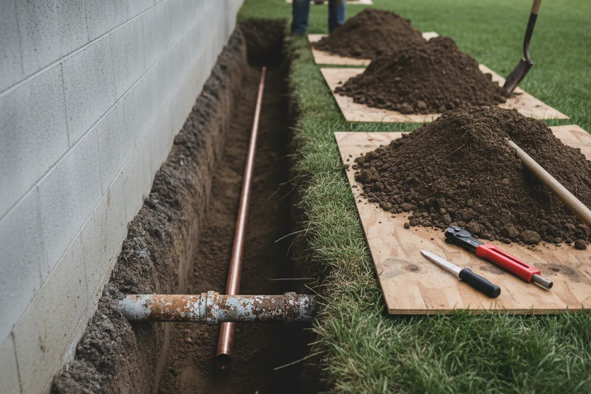Excavated water line trench during Water Heater Repair in White Oak